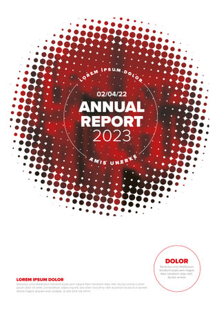 Vector abstract annual report cover template with sample text and abstract masked photo - document or brochure front page with black corporate style and red halftone circleのイラスト素材