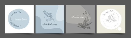 Minimalist floral emblem sign frames template collection made from simple flowers and leaves for wedding invitations product print or emblem sign with circular spotsのイラスト素材