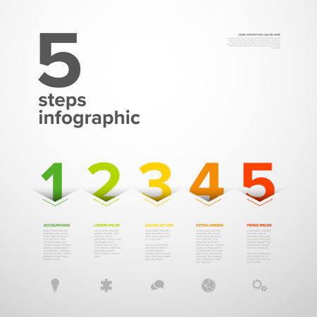 Vector light five steps progress template with big arrows and numbers with deep shadow cut from the paper, descriptions and icons. Light version with big green yellow red step numbersのイラスト素材