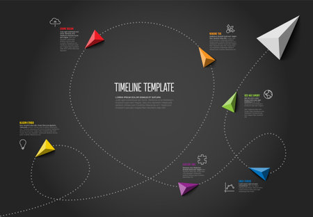 Vector Infographic timeline report template with color pyramid triangle arrow showin the direction, icons and simple content. Dotted black timeline template with arrows, icons and short descriptions on a dark backgroundのイラスト素材
