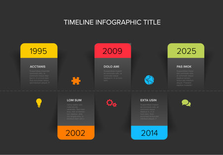Vector simple dark infographic horizontal time line template with rectangle placeholders. Business company timeline overview profile with icons and text blocks. Multipurpose timeline infograph or infochart.のイラスト素材