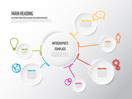 Vector Infographic diagram template made from lines circles and icons - big circle infochart in the middle with smaller elements with descriptions and iconsのイラスト素材