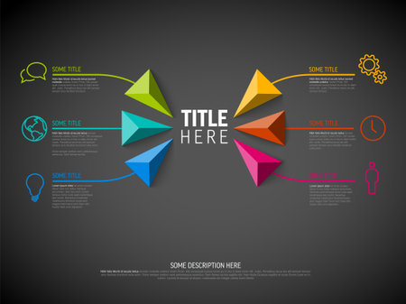 Vector Dark Infographic diagram template made from six elements with lines and icons - infochart title in the middle with smaller elements with descriptions big triangle pyramid arrows and iconsのイラスト素材