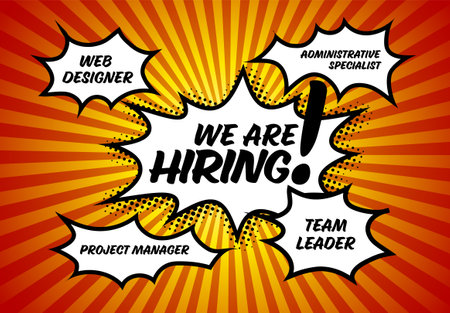 We are hiring minimalistic red yellow flyer template - looking for new members of our team hiring a new member colleagues to our company organization team - simple motive with comic strip speech bubblesのイラスト素材