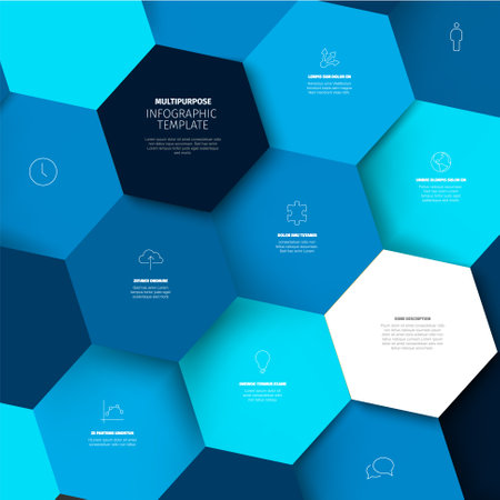 Vector Minimalist blue infographic report template with blue shades hexagons mosaic filled with various information, icons and numbers. Simple 3d realistic hexagon mosaic pattern templateのイラスト素材