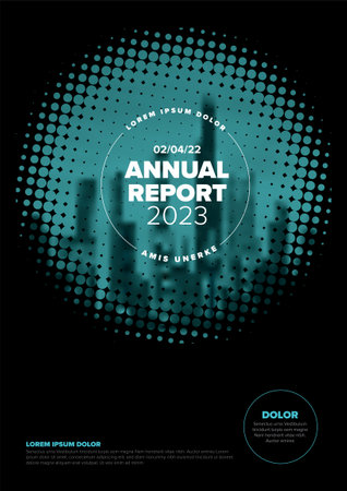 Vector abstract annual report cover template with sample text and abstract masked photo - document or brochure front page with black corporate style and teal halftone circleのイラスト素材