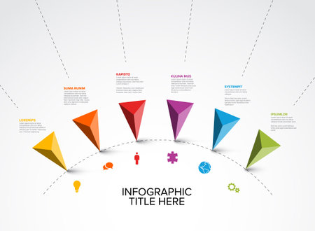 Colorful vector infographic timeline report template with six triangle pyramid arrows pointer pins on simple dotted circle timeline - light version with six pinsのイラスト素材