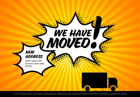 We are moving minimalistic flyer template with place for new company office shop location address in big comic strip bubble. We are moved infographic with car. Template for poster flyer with new address after relocation.のイラスト素材
