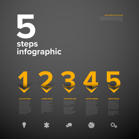 Vector dark five steps progress template with big arrows and yellow numbers with deep shadow cut from the paper, descriptions and icons. Dark version with big step numbersのイラスト素材