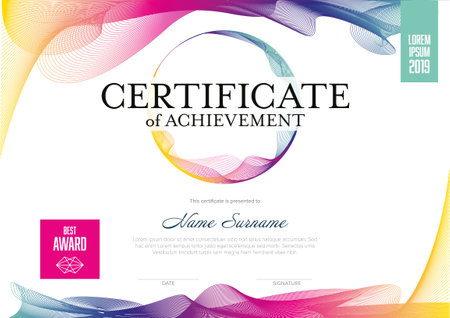 Modern art colorful certificate of achievement template with place for your content - horizontal premium modern rainbow style version. Artistic certificate diploma template.のイラスト素材