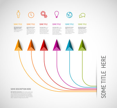 Vector light multipurpose Infographic template with title and six smaller elements options. Multipurpose Infochart with modern colors lines icons and pyramid triangle arrows pointing on one direction.のイラスト素材