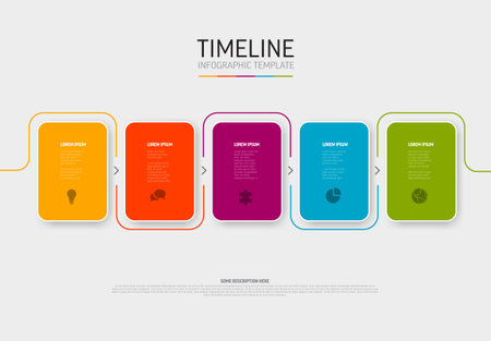 Vector light Infographic template with white rounded colorful cards with light border in one row with icons titles and descriptions. Simple minimalistic time line steps templateのイラスト素材