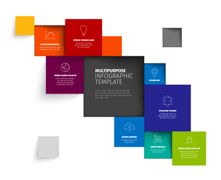 Vector Minimalist colorful diagonal mosaic Infographic report template with various square blocks with one big block containing the infographic title. Colorful infochart with squares icons and textsのイラスト素材