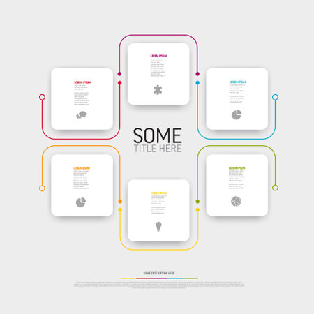 Vector light Infographic template with white rounded square cards and icons and descriptions. Simple minimalistic multipurpose infographic template with six itemsのイラスト素材