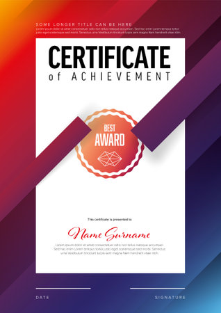 Modern blue and red certificate of achievement template with place for your content - red and blue stripes pattern texture design with white middle. Fresh creative diploma certificate with solid colors.のイラスト素材