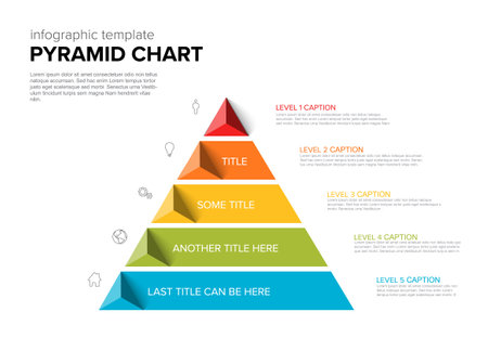 Vector Infographic support layers template with five levels - color pyramid template on light background with icons, triangle pyramids and descriptionsのイラスト素材