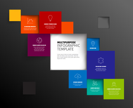 Vector dark Minimalist colorful diagonal mosaic Infographic report template with various square blocks with one big block containing the infographic title. Colorful infochart with squares icons and textsのイラスト素材
