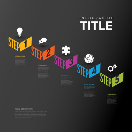 Vector Infographic steps diagram template for workflow, business schema or procedure diagram - dark version with icons and isometry texts. Progress steps with titles descriptions and iconsのイラスト素材