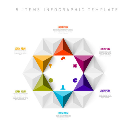Vector multipurpose Infographic template with title and six elements options and modern colors on a white background with icons and big pyramid triangle arrows in hexagon shapeのイラスト素材