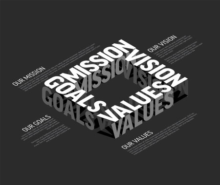 Vector black and white minimalistic Mission, vision, values and goals diagram schema infographic with sample placed texts on a dark backgroundのイラスト素材