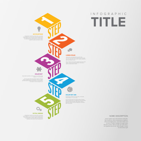 Vector Infographic vertical steps diagram template for workflow, business schema or procedure diagram - light version with icons and isometry texts. Progress steps with titles descriptions and iconsのイラスト素材