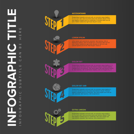Vector Infographic steps diagram template for workflow, business schema or procedure diagram - dark version with stripes icons and isometry texts. Progress steps with titles descriptions and iconsのイラスト素材