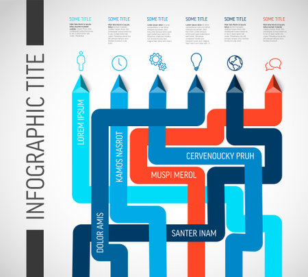 Vector light multipurpose Infographic template with blue red elements options and thick lines. Multipurpose Infochart with modern colors lines icons and pyramid triangle arrows pointing on one direction.のイラスト素材