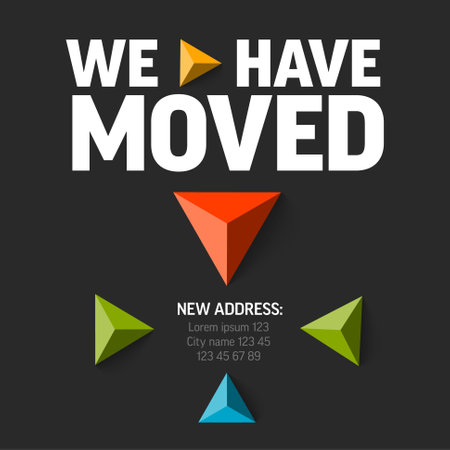 We are moving minimalistic flyer template with place for new company office shop location address. We are moved infographic with color triangle arrows and new address relocation on dark background.のイラスト素材