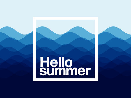 Hello summer - vector simple minimalist summer holiday poster template with abstract fresh blue water waves texture, white lettering Hello Summer and place for your textのイラスト素材