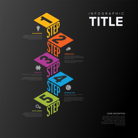 Vector Infographic vertical steps diagram template for workflow, business schema or procedure diagram - dark version with icons and isometry texts. Progress steps with titles descriptions and iconsのイラスト素材