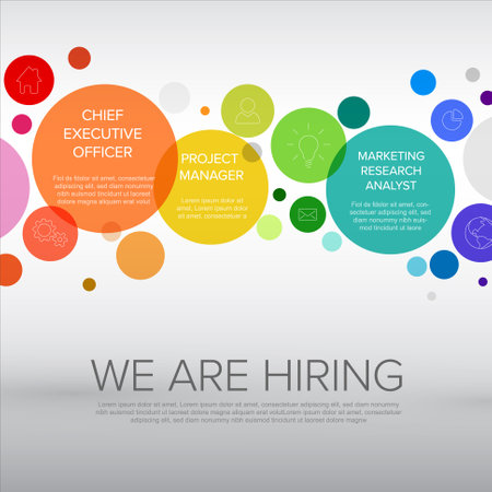 We are hiring minimalistic flyer template - looking for new members of our team hiring a new member colleagues to our company organization team - simple motive with circle bubblesのイラスト素材
