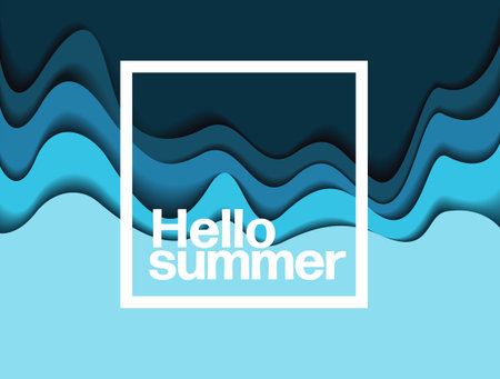 Hello summer - vector simple minimalist summer holiday poster template with abstract paper cur blue water waves texture, white lettering Hello Summer and place for your textのイラスト素材