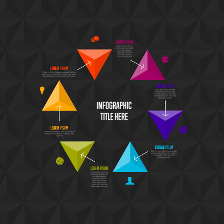 Vector multipurpose Infographic cycle template with title and six elements options and modern colors on a dark gray background with icons and big pyramid triangle arrows in cycleのイラスト素材