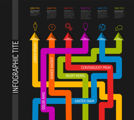 Vector dark multipurpose Infographic template with color elements options and thick lines. Multipurpose Infochart with modern colors lines icons and pyramid triangle arrows pointing on one direction.のイラスト素材