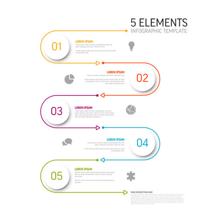 Vector light Infographic template with white circle step cards, icons and descriptions. Simple minimalistic multipurpose infochart template with five step elements and color border lineのイラスト素材