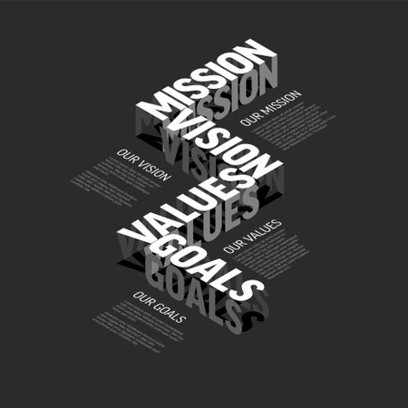 Vector black and white minimalistic Mission, vision, values and goals diagram schema infographic with sample placed texts on a dark backgroundのイラスト素材