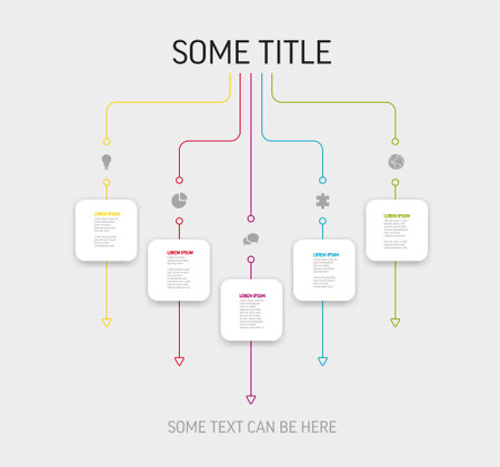 Vector light Infographic template with white rounded square cards with icons titles and descriptions. Simple minimalistic time line steps template with color linesのイラスト素材