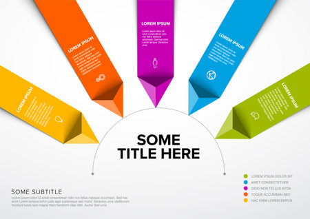 Vector multipurpose Infographic template made from title in big circle and five color pyramid arrow items in long stripes with icons titles and descriptions. Multipurpose infochart templateのイラスト素材
