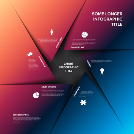 Vector multipurpose Infographic template with title and six triangle blue red gradient paper with sample texts and icons. Multipurpose Infochart with modern colors.のイラスト素材