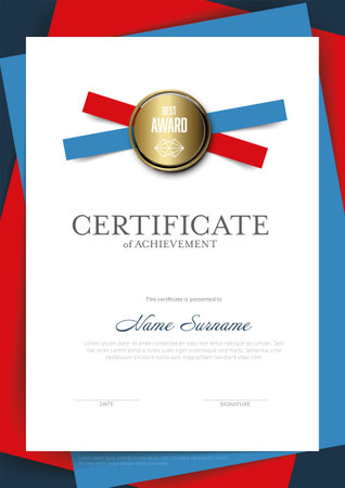 Modern blue red vertical certificate of achievement diploma template with place for your content - material red and blue design with golden seal and some stripes.のイラスト素材