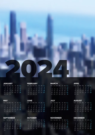Vector black vertical calendar layout template for the year 2024 (weeks start monday) with place for your photo. Dark template with all calendar months - simple minimalistic calendar template for 2024のイラスト素材