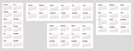 Collection of vector white calendar layout templates for the year 2024 (weeks starts on monday). Four layout versions of light template with all calendar months - simple minimalistic calendar templateのイラスト素材