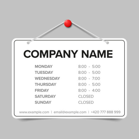 Shop opening time hours vector template with gray background. Vector paper sign on the door with the opening hours template, just change the dataのイラスト素材