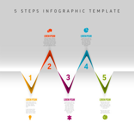 Vector horizontal process progress template diagram schema with five color corner steps icons and descriptions. Color edges on white folded background and minimalistic iconsのイラスト素材