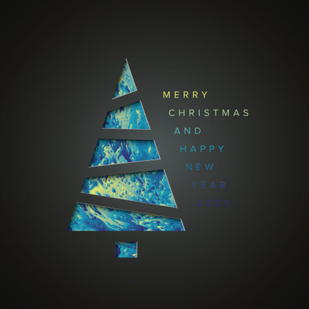 Vector Merry Christmas card with a fresh minimalistic tree cut from paper and nice modern abstract blue and green color background. Fresh original Christmas cardのイラスト素材