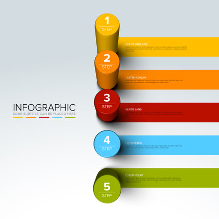 Vector light multipurpose Infographic template made from color diagonal cylinder steps chart with numbers descriptions color stripes and legend - white background version with 5 steps elementsのイラスト素材
