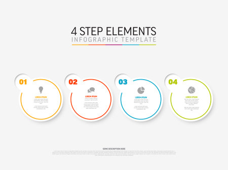 Vector light Infographic template with white circle step cards, icons and descriptions. Simple minimalistic multipurpose infochart template with four step elements and color border lineのイラスト素材