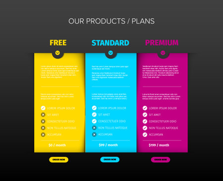 Product features schema template cards with three services, feature lists, order buttons and descriptions. Pricing table dark template with three options product subscription types with list of featuresのイラスト素材