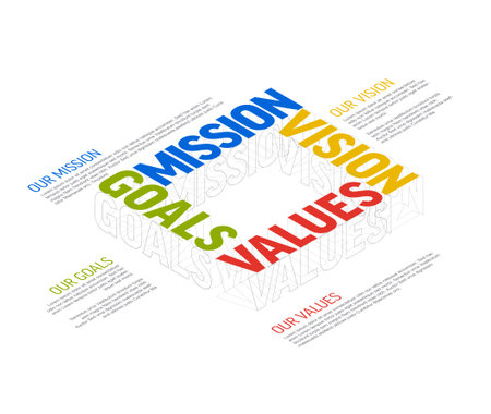 Vectorcolor minimalistic Mission, vision, values and goals diagram schema infographic with sample placed texts on a white background and simple lines drawingsのイラスト素材