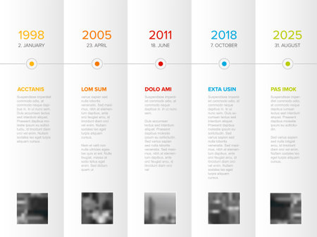 Vector Infographic Company Milestones Timeline Template on white folded paper with photo placeholders. Simple minimalistic horizontal time line templateのイラスト素材